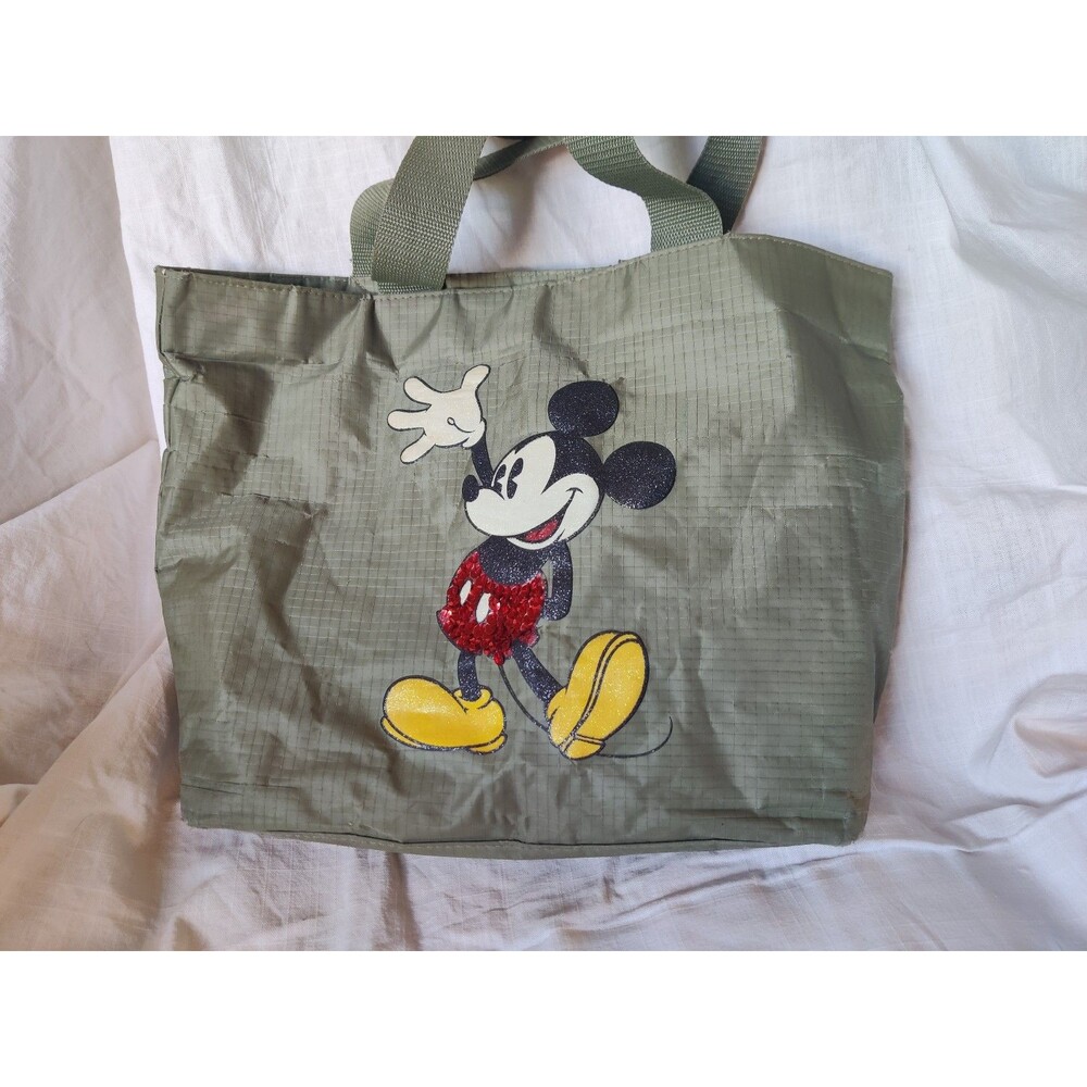 Olive Green Ripstop Nylon Tote Bag Glitter Cartoon Mickey Mouse Graphic Disney